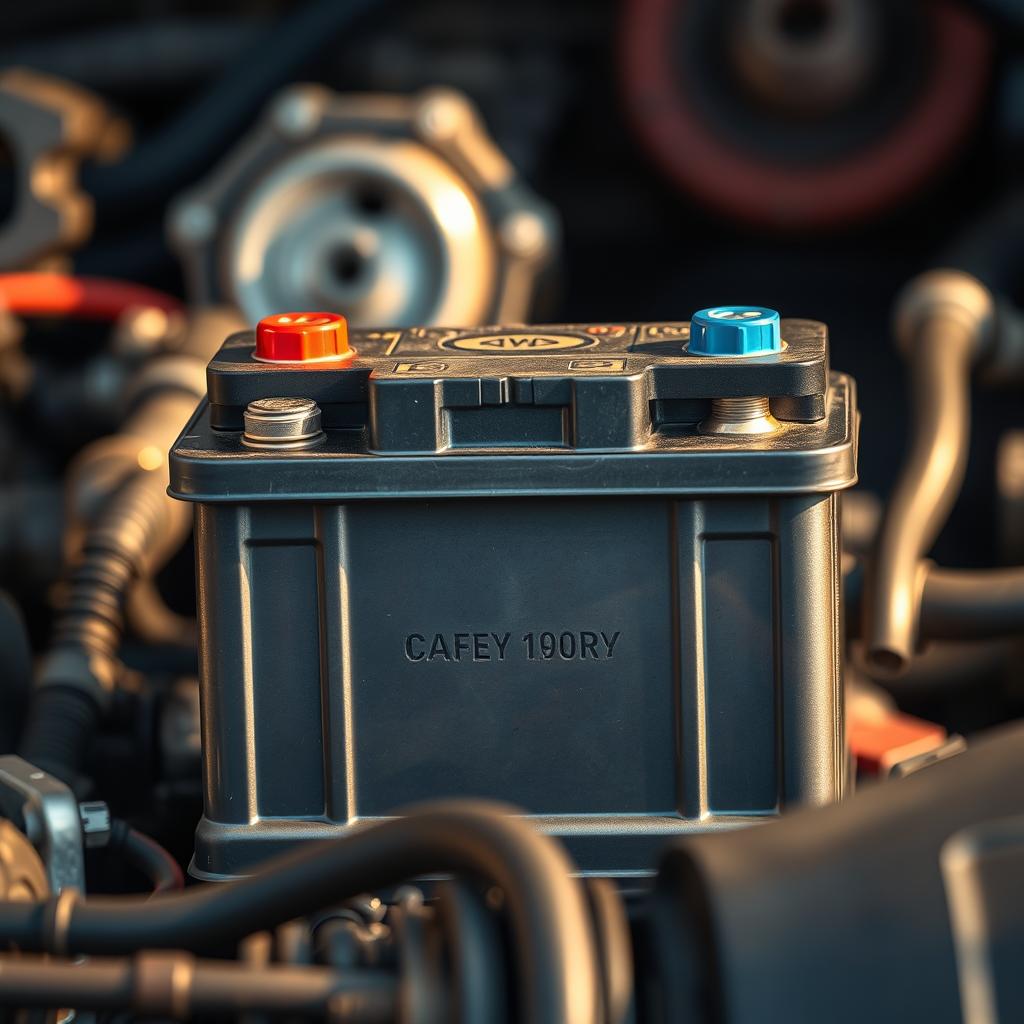 A brightly lit close-up shot of a car battery, showcasing its intricate design and robust construction. The battery is placed against a blurred background of automotive parts, conveying a sense of its importance in the overall functionality of the vehicle. The image captures the battery's metallic casing, terminals, and inner components in crisp detail, emphasizing its role as a crucial power source. The lighting is warm and natural, creating a sense of reliability and durability. The composition draws the viewer's attention to the battery, highlighting its central position in the scene and its significance in maintaining the longevity of the car's performance.