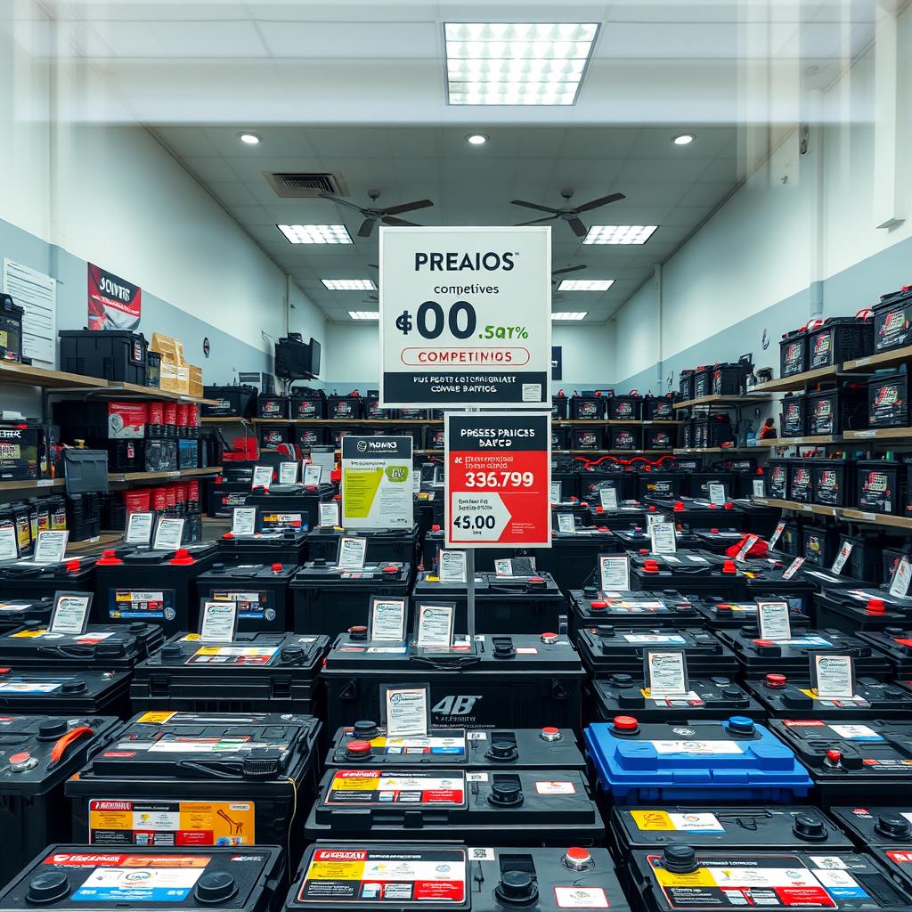 A brightly lit storefront display showcasing a diverse selection of automotive batteries. In the foreground, various battery models are arranged neatly, their sleek designs and vibrant labels catching the eye. The middle ground features informative price tags and promotional signs, highlighting the "precios competitivos" (competitive prices) and attractive offers. The background depicts a modern, well-lit interior with clean, minimalist decor, creating a sense of professionalism and reliability. The overall scene conveys a sense of quality, value, and a commitment to providing customers with the best possible battery options for their vehicles. A brightly lit storefront display showcasing a diverse selection of automotive batteries. In the foreground, various battery models are arranged neatly, their sleek designs and vibrant labels catching the eye. The middle ground features informative price tags and promotional signs, highlighting the "precios competitivos" (competitive prices) and attractive offers. The background depicts a modern, well-lit interior with clean, minimalist decor, creating a sense of professionalism and reliability. The overall scene conveys a sense of quality, value, and a commitment to providing customers with the best possible battery options for their vehicles.