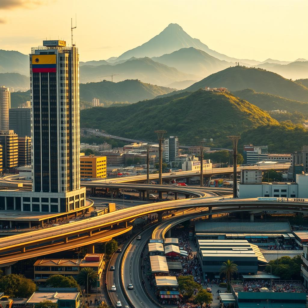 A bustling urban landscape in Bogotá, the vibrant capital of Colombia. In the foreground, a towering skyscraper emblazoned with the national flag, symbolizing the nation's economic prowess. Surrounding it, a network of modern highways and public transportation, conveying the efficiency and connectivity of the Colombian market. In the middle ground, a thriving marketplace filled with local vendors, showcasing the diversity and entrepreneurial spirit of the country. The background features lush, verdant hills and the iconic Monserrate mountain, representing the natural resources and geographical advantages that contribute to Colombia's competitive edge. Warm, golden lighting bathes the scene, evoking a sense of prosperity and opportunity. The overall composition radiates a dynamic, forward-looking atmosphere that captures the essence of Colombia's competitive advantages.