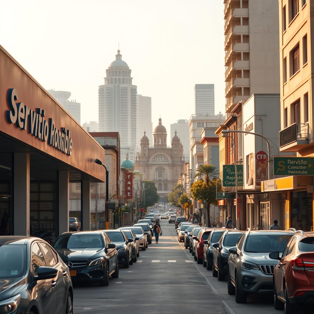 A bustling urban scene in Ciudad Bolívar, Venezuela. The foreground features a well-maintained auto repair shop, its signage prominently displaying "Servicio Rápido Confiable". Neatly parked cars await service, their owners visible through the shop's large windows. The middle ground showcases the vibrant city streets, with pedestrians hurrying by and colorful storefronts lining the sidewalks. In the background, a towering skyline of modern high-rises and ancient cathedrals blends seamlessly, bathed in warm, golden afternoon light. An atmosphere of efficiency, reliability, and community permeates the scene, capturing the essence of the "Servicio Rápido Confiable" experience in Ciudad Bolívar.
