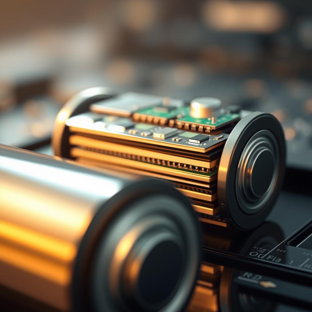 A close-up view of modern battery technology, capturing the intricate internal structure and advanced components. The foreground showcases the sleek, metallic casing of a high-capacity lithium-ion battery, its surfaces reflecting the warm lighting. In the middle ground, the battery's layered cells and circuit boards are visible, revealing the precision engineering and cutting-edge materials used in its construction. The background blurs softly, conveying a sense of technical sophistication and innovation. The overall composition emphasizes the sophistication, power, and efficiency of contemporary battery technology. A close-up view of modern battery technology, capturing the intricate internal structure and advanced components. The foreground showcases the sleek, metallic casing of a high-capacity lithium-ion battery, its surfaces reflecting the warm lighting. In the middle ground, the battery's layered cells and circuit boards are visible, revealing the precision engineering and cutting-edge materials used in its construction. The background blurs softly, conveying a sense of technical sophistication and innovation. The overall composition emphasizes the sophistication, power, and efficiency of contemporary battery technology.