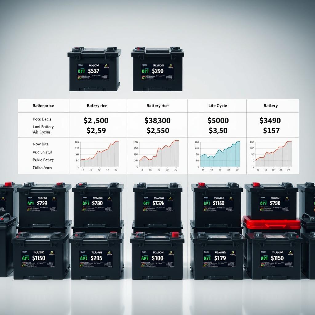 A comparison of battery prices and performance, showcased in a neatly organized grid layout. The foreground displays a variety of battery models, each with their specifications and prices clearly visible. The middle ground features battery life cycle graphs, demonstrating the relative performance and longevity of the different options. The background sets a neutral, clean backdrop, allowing the product information to take center stage. Crisp lighting and a subtle depth of field create a professional, informative presentation suitable for an automotive article. The overall aesthetic is one of clarity, precision, and data-driven decision making.