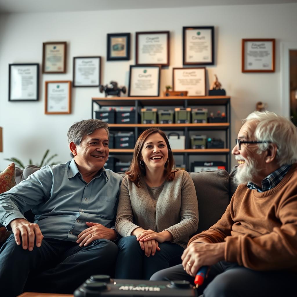 A cozy and inviting living room setting, with a group of satisfied customers warmly sharing their positive experiences with the Atlantic car battery brand. The foreground features three people - a middle-aged man, a young woman, and an elderly gentleman - engaged in a lively discussion, their faces animated with contentment. Soft, diffused lighting illuminates the scene, creating a welcoming atmosphere. In the middle ground, framed testimonials and certificates adorn the walls, showcasing the brand's reliability and customer satisfaction. The background reveals a well-stocked shelving unit, hinting at the wide range of battery options available. The overall composition conveys a sense of trust, quality, and customer-centric focus. A cozy and inviting living room setting, with a group of satisfied customers warmly sharing their positive experiences with the Atlantic car battery brand. The foreground features three people - a middle-aged man, a young woman, and an elderly gentleman - engaged in a lively discussion, their faces animated with contentment. Soft, diffused lighting illuminates the scene, creating a welcoming atmosphere. In the middle ground, framed testimonials and certificates adorn the walls, showcasing the brand's reliability and customer satisfaction. The background reveals a well-stocked shelving unit, hinting at the wide range of battery options available. The overall composition conveys a sense of trust, quality, and customer-centric focus.