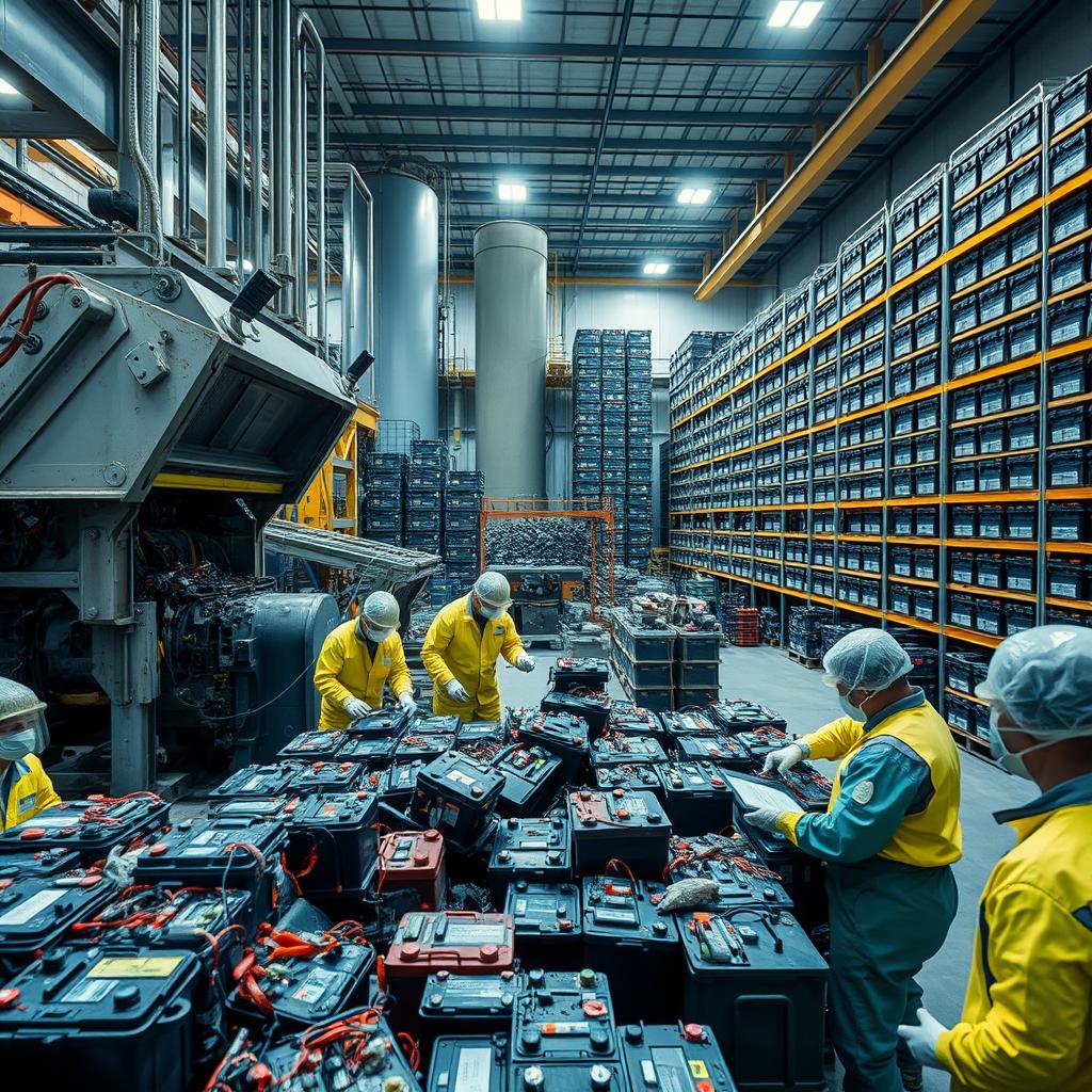 A detailed industrial interior scene showcasing the battery recycling process. In the foreground, a group of technicians in protective gear carefully disassemble used car batteries, extracting the lead, acid, and other components for proper disposal and reuse. In the middle ground, large industrial machines crush and sort the battery materials, while conveyor belts transport them to storage silos. The background features towering shelves stocked with neatly organized rows of freshly refurbished, ready-to-use car batteries. Bright overhead lighting illuminates the efficient, well-organized workflow, conveying a sense of environmental responsibility and sustainable practices.