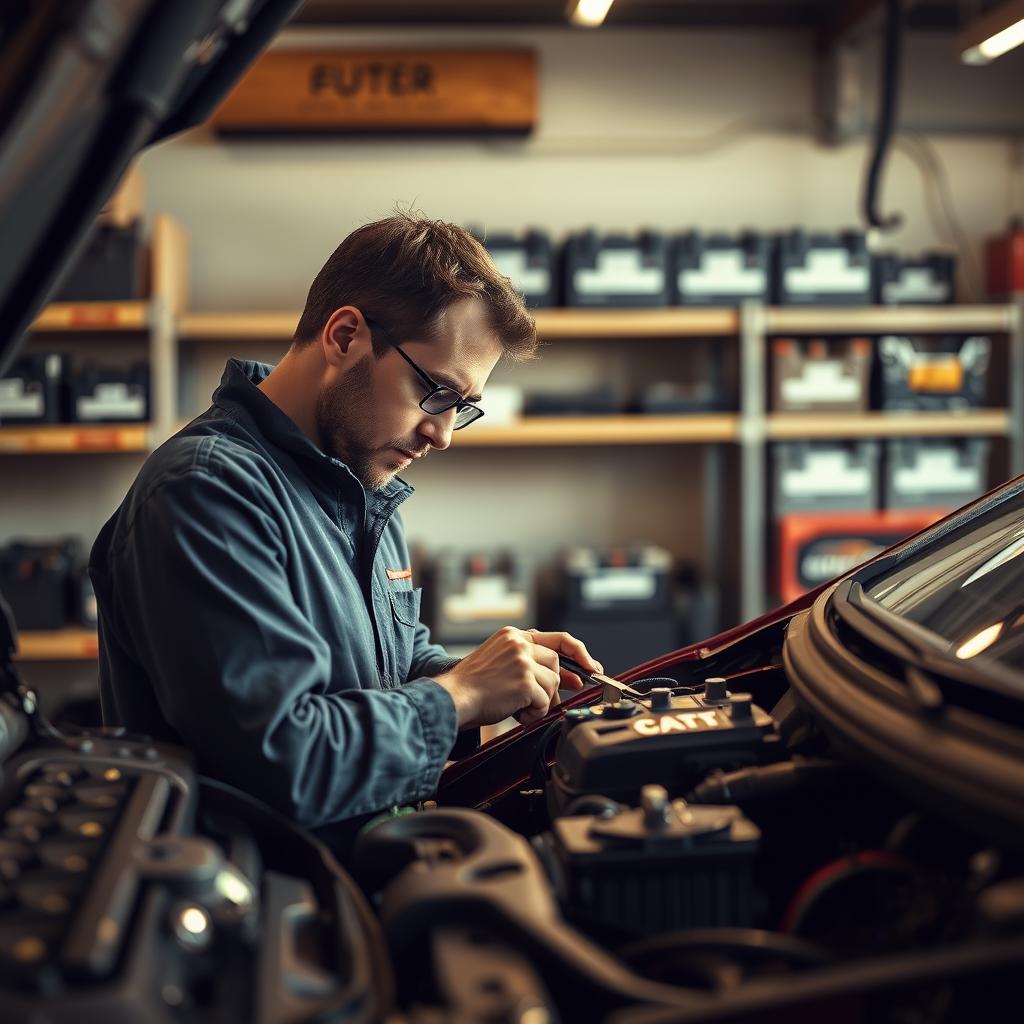 A diligent technician in a well-equipped workshop, intently focused on installing a high-performance battery into a mid-size sedan. The warm lighting casts subtle shadows, highlighting the intricate details of the battery and the tools used with precision. In the background, shelves neatly display a range of battery options, conveying a sense of expertise and personalized service. The scene evokes a professional, reliable, and customer-centric atmosphere, ideal for showcasing the specialized installation services offered. A diligent technician in a well-equipped workshop, intently focused on installing a high-performance battery into a mid-size sedan. The warm lighting casts subtle shadows, highlighting the intricate details of the battery and the tools used with precision. In the background, shelves neatly display a range of battery options, conveying a sense of expertise and personalized service. The scene evokes a professional, reliable, and customer-centric atmosphere, ideal for showcasing the specialized installation services offered.