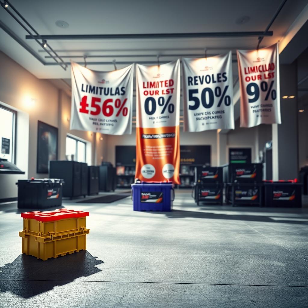 A dynamic and eye-catching scene of "promociones relámpago baterías" for a car battery catalog. In the foreground, a stack of car batteries in vibrant hues, casting dramatic shadows on the polished concrete floor. In the middle ground, a series of promotional banners unfurling, showcasing limited-time offers and discounts in bold, attention-grabbing typography. The background features a sleek, modern showroom with clean lines, neutral tones, and strategically placed lighting fixtures that cast a warm, inviting glow, highlighting the premium quality of the products. The overall atmosphere conveys a sense of urgency and excitement, encouraging the viewer to take advantage of the "promociones relámpago" before they expire. A dynamic and eye-catching scene of "promociones relámpago baterías" for a car battery catalog. In the foreground, a stack of car batteries in vibrant hues, casting dramatic shadows on the polished concrete floor. In the middle ground, a series of promotional banners unfurling, showcasing limited-time offers and discounts in bold, attention-grabbing typography. The background features a sleek, modern showroom with clean lines, neutral tones, and strategically placed lighting fixtures that cast a warm, inviting glow, highlighting the premium quality of the products. The overall atmosphere conveys a sense of urgency and excitement, encouraging the viewer to take advantage of the "promociones relámpago" before they expire.