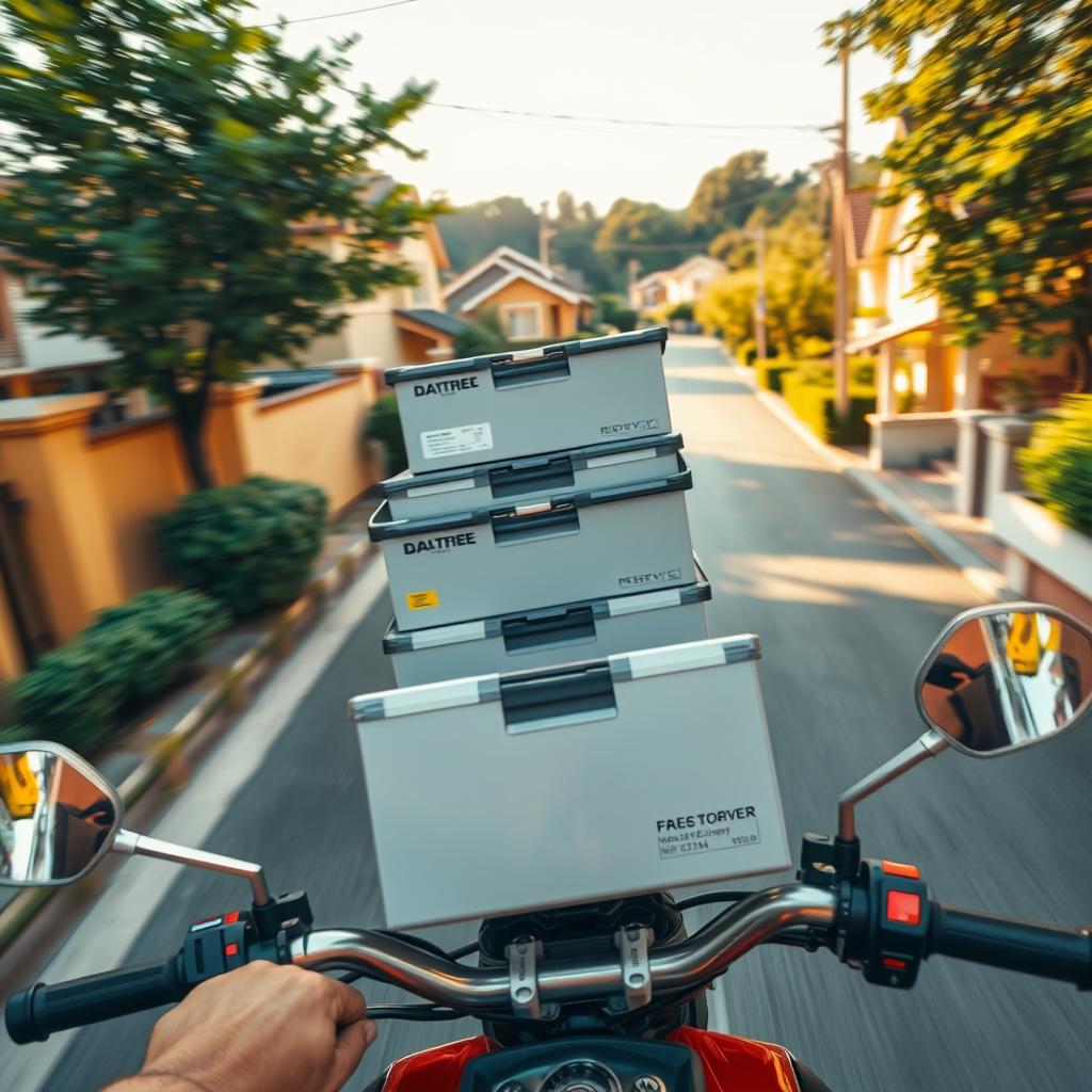 A high-angle view of a delivery person on a motorcycle, carrying a stack of battery boxes, speeding down a residential street. The foreground shows the rider's focused expression and hands gripping the handlebars, while the middle ground depicts the neatly stacked batteries ready for quick home delivery. The background features vibrant, sun-dappled houses and lush greenery, conveying a sense of efficiency and convenience. Warm, golden lighting highlights the scene, creating a welcoming and trustworthy atmosphere for this "fast battery delivery at home" service. A high-angle view of a delivery person on a motorcycle, carrying a stack of battery boxes, speeding down a residential street. The foreground shows the rider's focused expression and hands gripping the handlebars, while the middle ground depicts the neatly stacked batteries ready for quick home delivery. The background features vibrant, sun-dappled houses and lush greenery, conveying a sense of efficiency and convenience. Warm, golden lighting highlights the scene, creating a welcoming and trustworthy atmosphere for this "fast battery delivery at home" service.