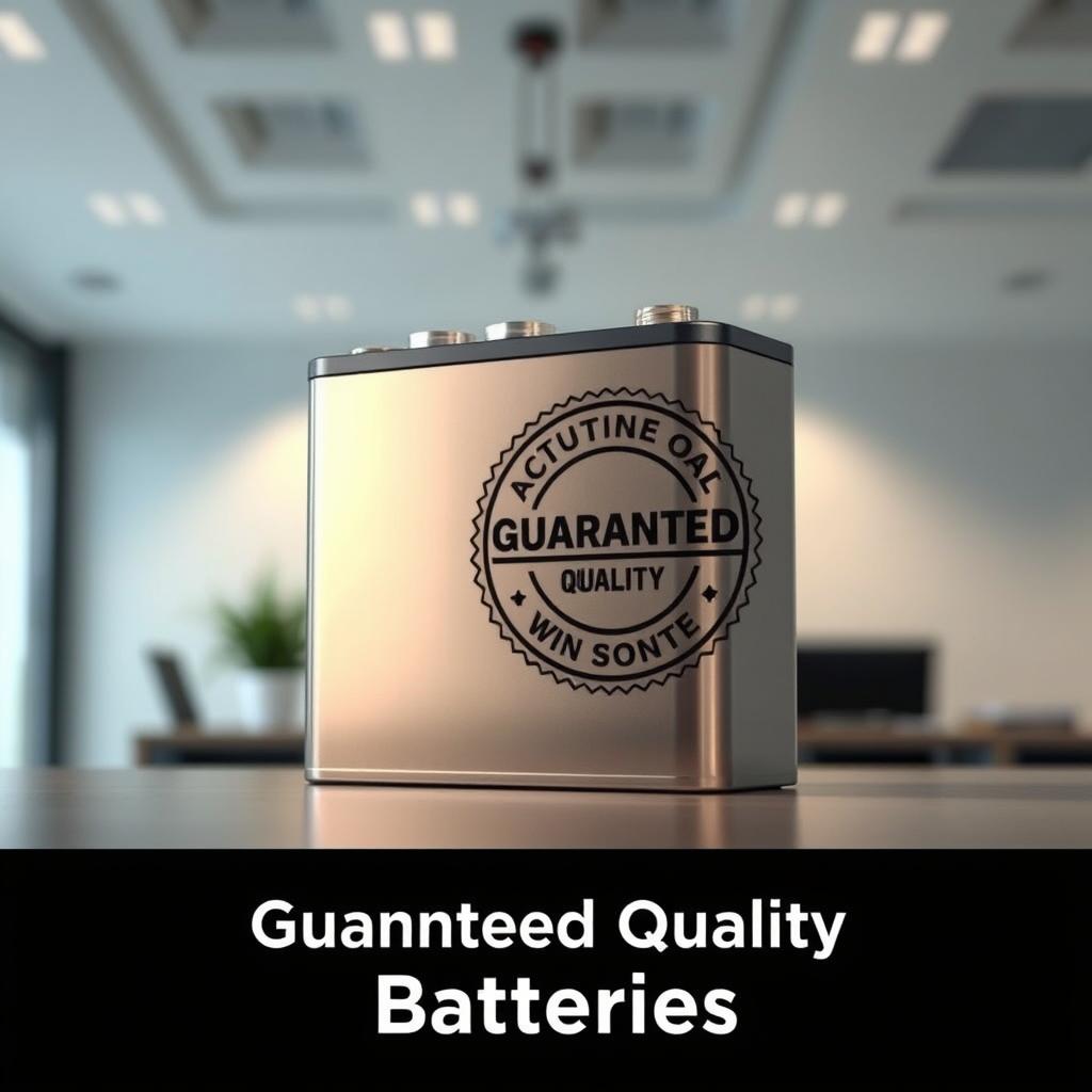 A high-quality battery with a guarantee prominently displayed, set against a clean, well-lit background. The battery is the focal point, with a metallic casing that reflects the lighting elegantly. The background is a simple, uncluttered workspace or office scene, with subtle ambient lighting and neutral tones that allow the battery to stand out. The overall impression is one of reliability, professionalism, and attention to detail, conveying the message of "Guaranteed Quality Batteries" for the article's "Guaranteed Quality" section.