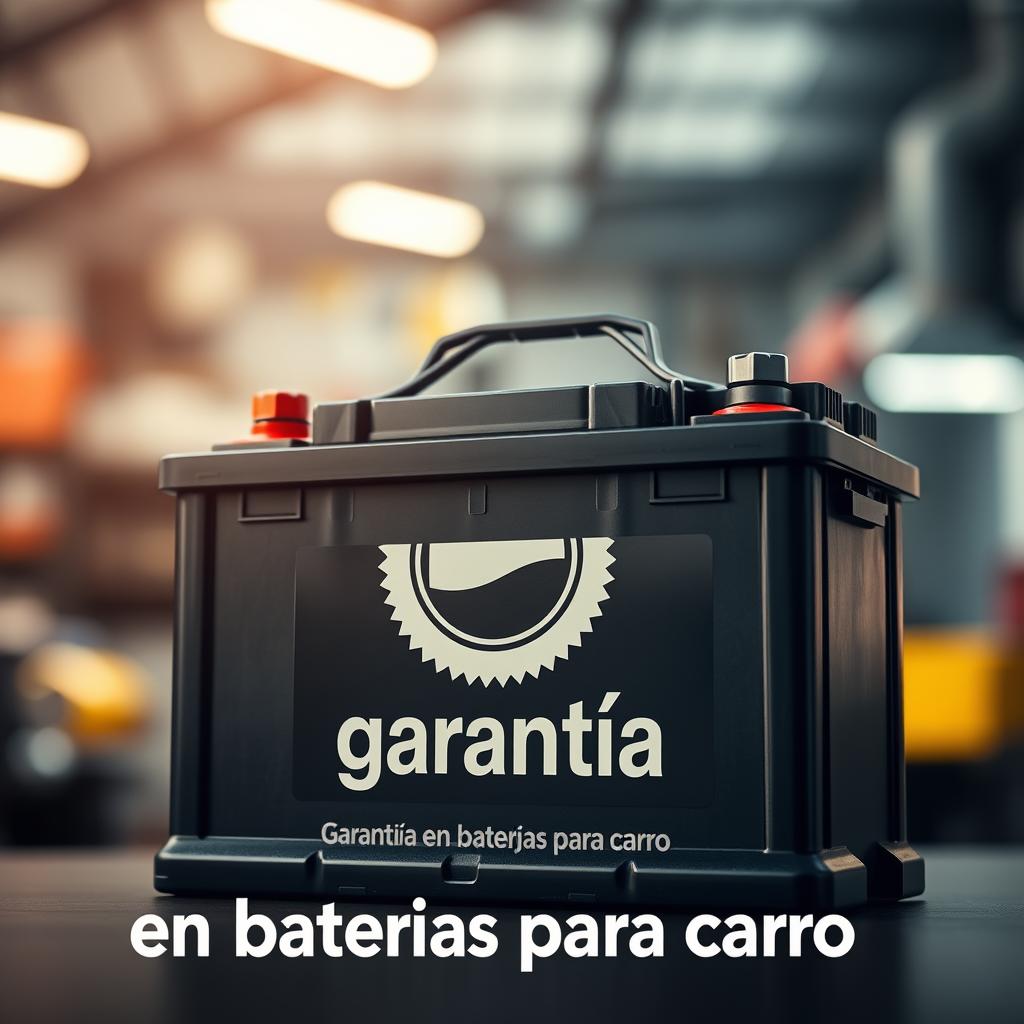A high-quality, modern car battery with a prominent warranty label in Spanish, "garantía en baterías para carro", displayed in the foreground. The battery is set against a blurred, warm-toned backdrop showcasing a mechanic's shop or auto parts store, conveying a sense of reliability and professionalism associated with the product. Soft, directional lighting highlights the battery's sleek design and the warranty text, emphasizing the attention to quality and customer assurance. The composition is balanced, with the battery positioned slightly off-center to create visual interest. The overall mood is one of trust, durability, and the commitment to providing high-quality automotive solutions.