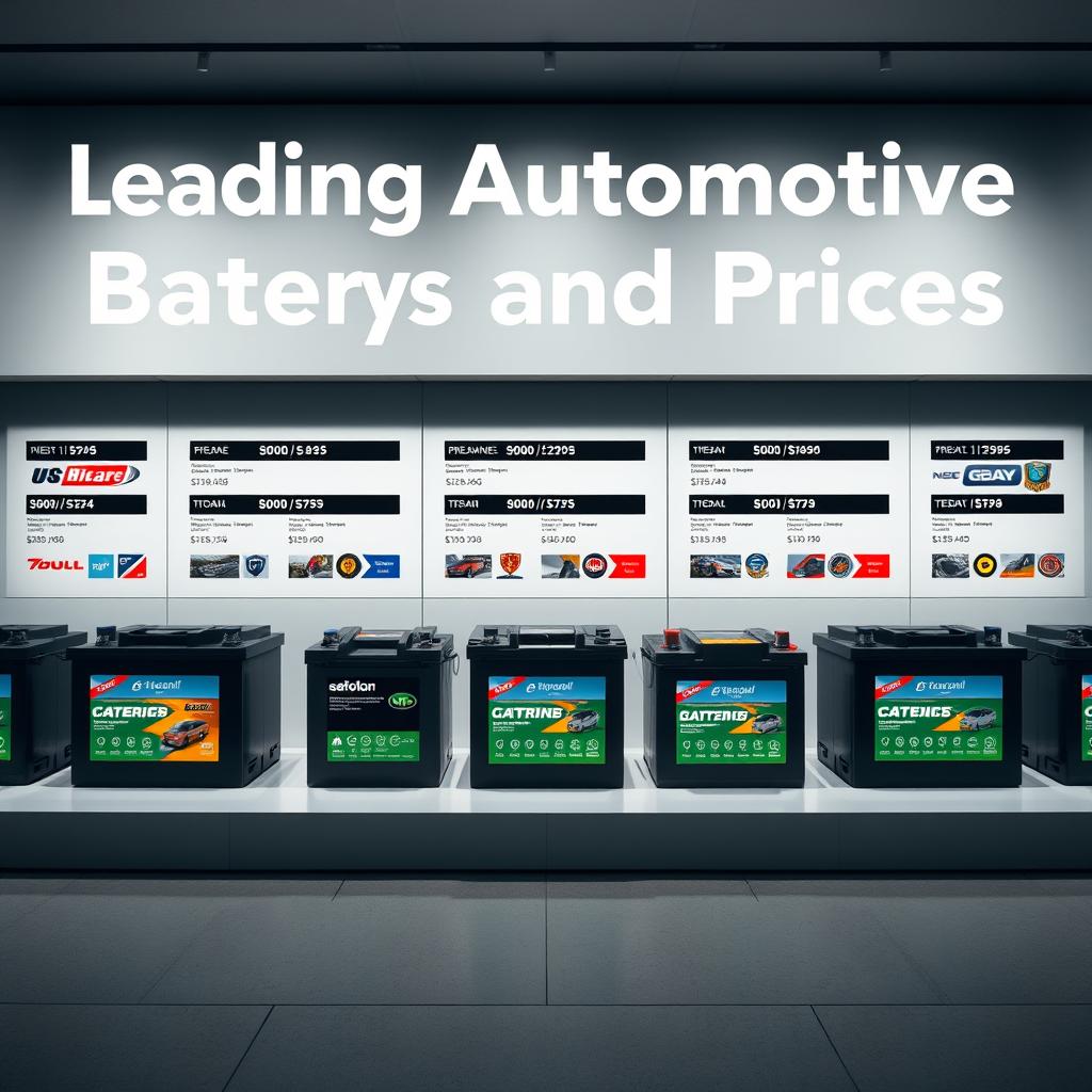 A high-resolution, detailed comparison of leading automotive battery brands and prices. A foreground display shows various battery models with clear pricing information. The middle ground features a clean, minimalist background with soft gray tones, allowing the product details to take center stage. Subtle shadows and highlights provide depth and realism. The overall mood is informative and authoritative, conveying a sense of technical expertise and consumer-focused value. The image is captured with a wide-angle lens to showcase the full range of batteries in a single frame, providing a comprehensive visual reference for the article's comparison section.