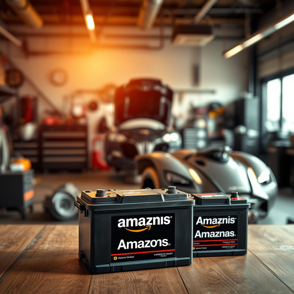 A high-resolution, detailed image of a set of Amazonas car batteries displayed on a wooden surface. The batteries are in the foreground, showcasing their sleek black and silver design. The middle ground features a well-lit, modern garage setting with various automotive tools and equipment visible. The background depicts a warm, inviting atmosphere with soft lighting, creating a sense of professionalism and expertise. The image conveys the quality, reliability, and benefits of Amazonas batteries for cars in the Colombian market.