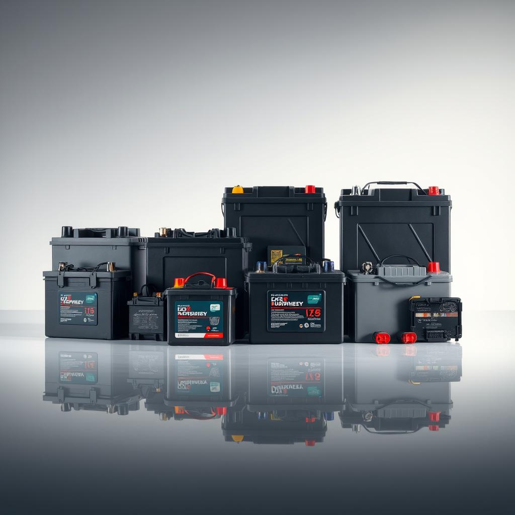 A high-resolution, detailed image of an assortment of car batteries for different vehicle types, presented in a well-lit, professional setting. The batteries are neatly arranged on a clean, reflective surface, showcasing their diverse sizes, shapes, and terminals to highlight the comprehensive service offerings. The image captures the batteries' technical features and quality, conveying a sense of reliability and expertise in serving a wide range of vehicle makes and models. The lighting is soft and even, creating a warm, inviting atmosphere that emphasizes the brand's commitment to customer satisfaction and tailored solutions.