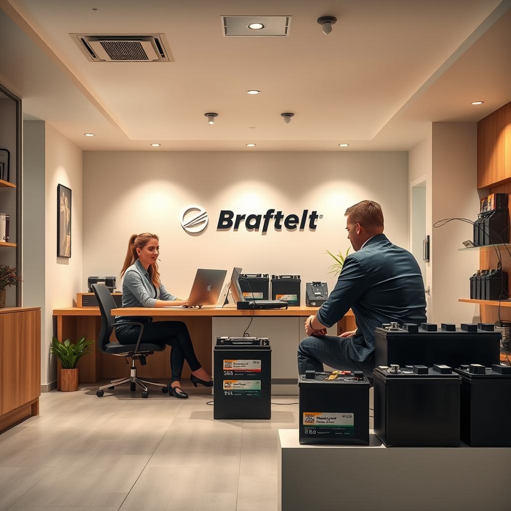 A modern and professional-looking office interior with a warm, inviting atmosphere. In the foreground, a customer service representative in casual yet smart attire sits at a desk, engaging with a client. The middle ground features a display of various battery types and sizes, showcasing the company's expertise. The background depicts a minimalist, well-lit space with clean lines, natural textures, and subtle branding elements that convey a sense of trust and reliability. The lighting is soft and directional, highlighting the products and creating a sense of depth. The overall composition emphasizes the specialized knowledge and personalized attention the company provides to its customers.