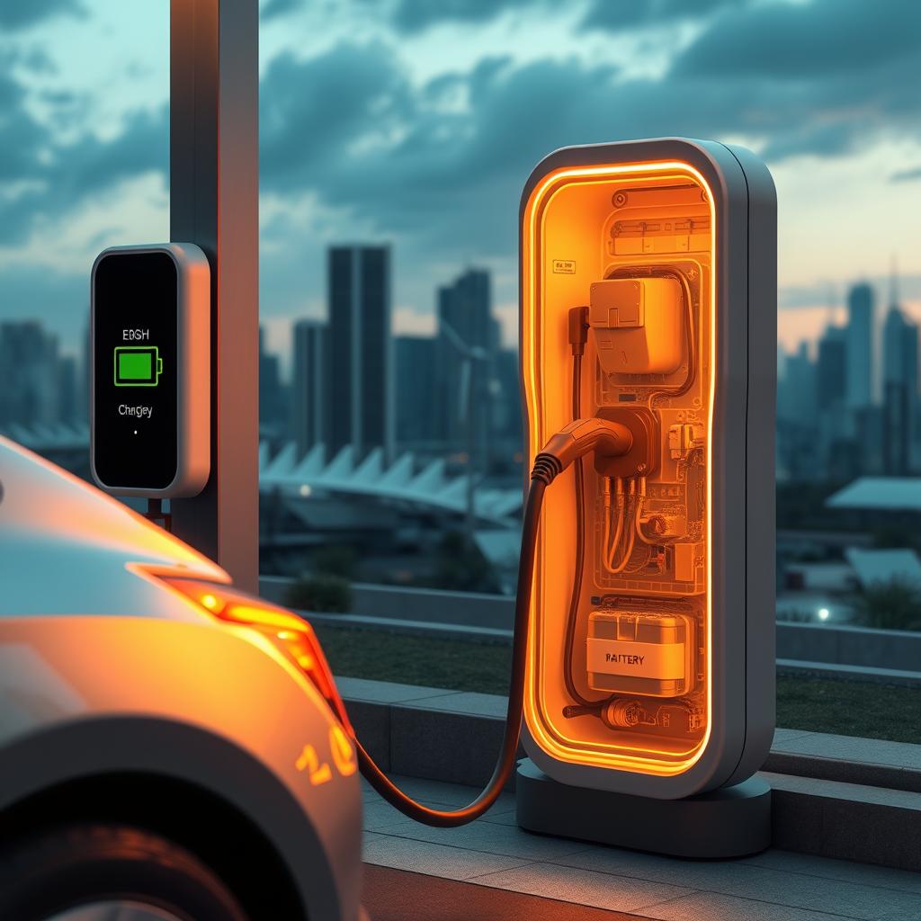 A modern electric car battery charging station, illuminated by warm, soft lighting. In the foreground, a sleek, silver electric car is plugged in, its battery icon displaying a high level of charge. The middle ground showcases the battery itself, with a cutaway view revealing its intricate internal structure and advanced components. In the background, a futuristic cityscape with skyscrapers and renewable energy sources creates a sense of efficiency and sustainability. The entire scene conveys a feeling of security, technological sophistication, and environmental responsibility.