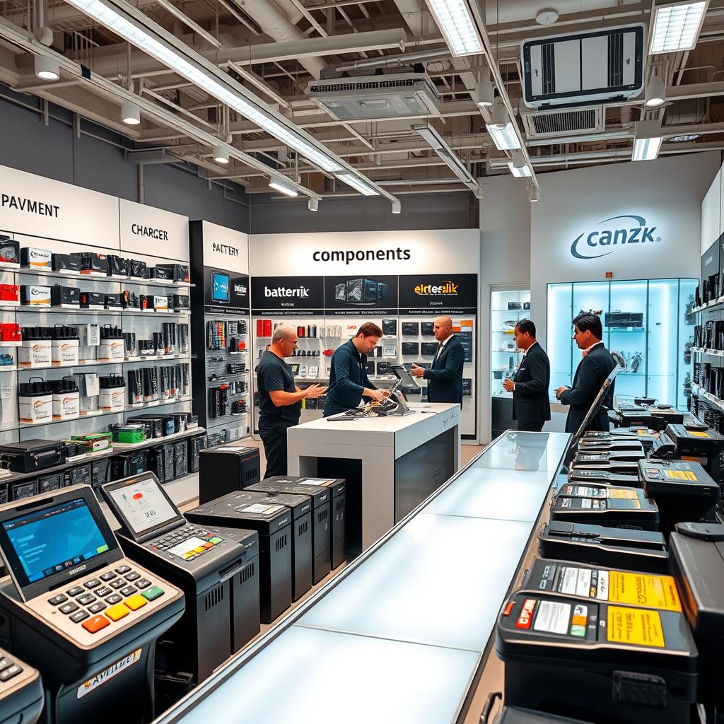 A modern, well-lit showroom displaying an array of electrical components, including batteries, chargers, and power supplies. The foreground features various payment options, such as credit card terminals, digital wallets, and instalment plans, with friendly sales staff assisting customers. The middle ground showcases the components in a visually appealing and organized manner, while the background depicts a clean, minimalist design with subtle branding elements. The overall atmosphere conveys a sense of professionalism, reliability, and customer-centric service.