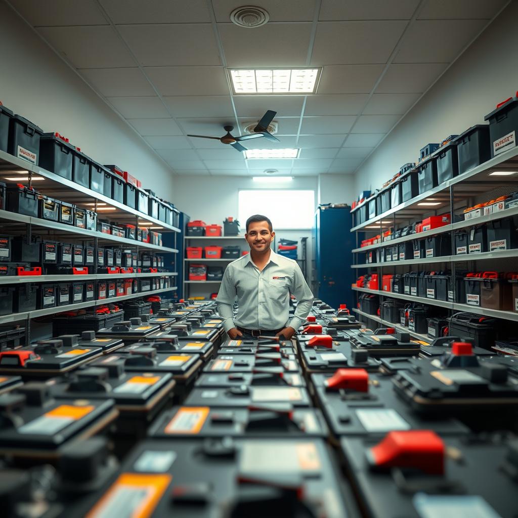 A pristine, well-lit showroom filled with neatly arranged car batteries, their metallic casings gleaming under soft, diffused lighting. Shelves line the walls, stocked with a diverse selection of batteries in various sizes and colors. A technician in a crisp uniform stands ready to assist customers, their friendly demeanor conveying the company's commitment to excellent service. The space exudes an atmosphere of professionalism and reliability, reflecting the high-quality "Servicio Baterías Risaralda" brand. The camera captures this scene from a low angle, emphasizing the sense of authority and expertise that the business radiates.