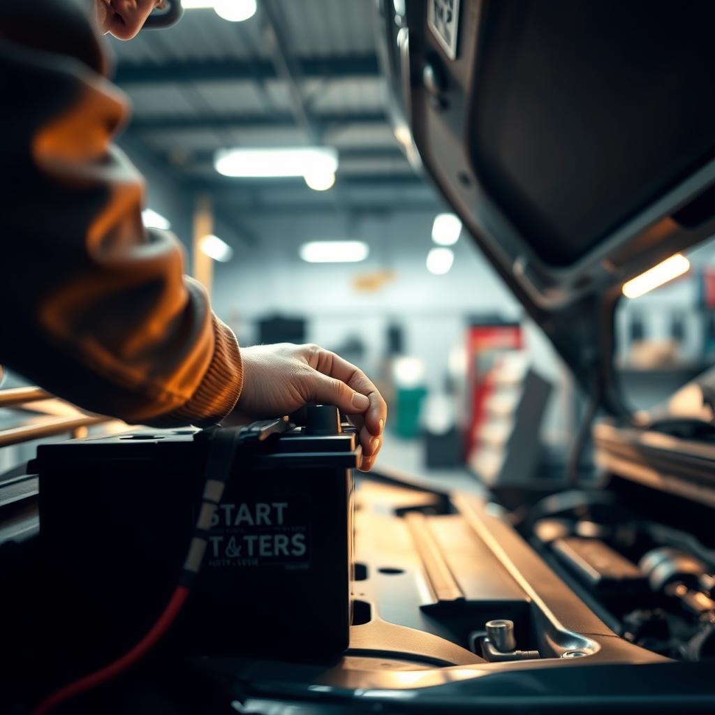 A professional automotive mechanic expertly installing a car battery in a well-lit, modern auto repair shop. The focus is on the mechanic's hands as they carefully connect the battery terminals, with the car's engine bay and tools in the background. Soft, warm lighting creates a sense of expertise and attention to detail. The angle is slightly elevated, providing a clear view of the process. The atmosphere conveys a trustworthy, competent, and customer-centric experience.