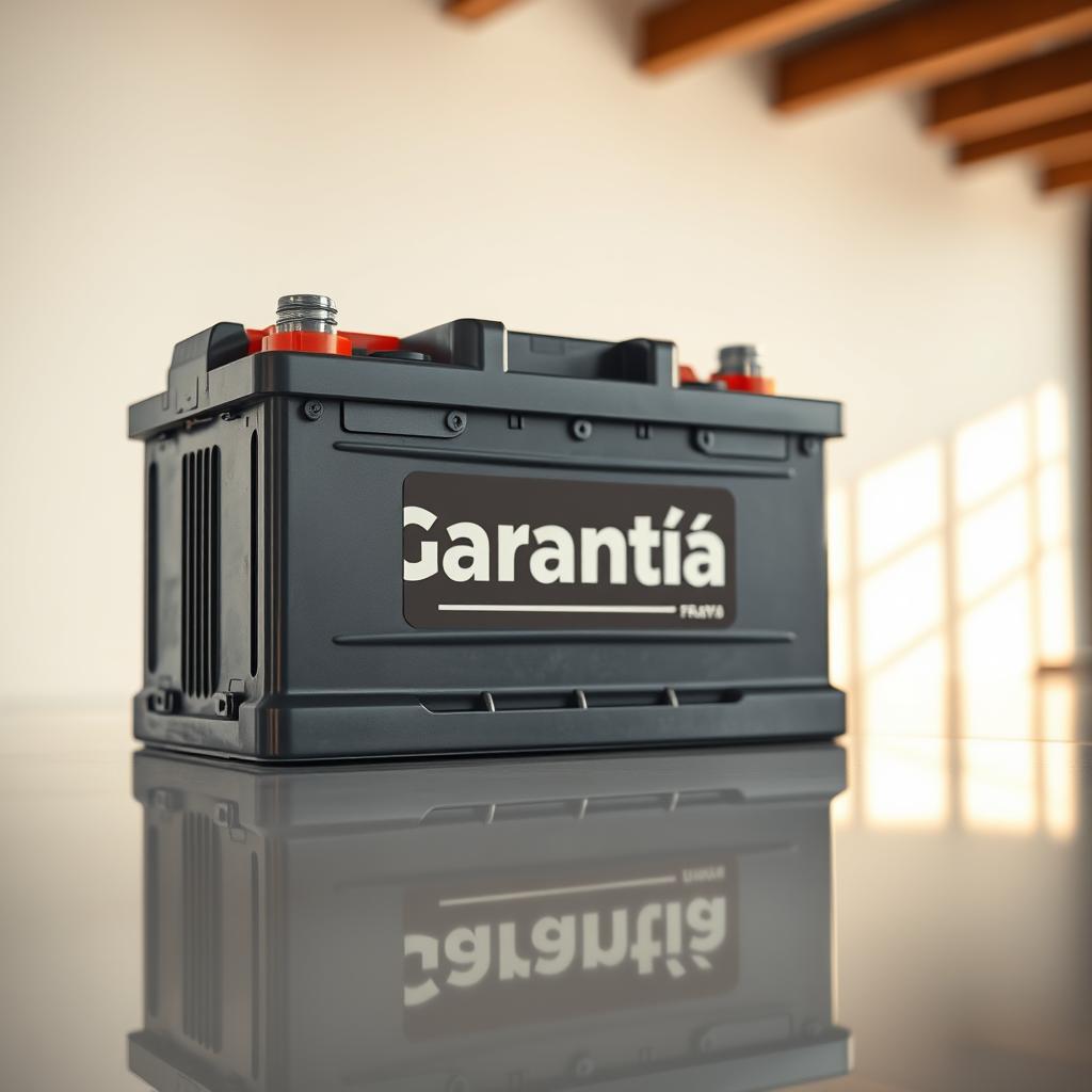 A professional, well-lit photograph of a car battery with a prominent "Garantía" (Warranty) label in the foreground. The battery is positioned on a reflective, glossy surface, creating a sense of depth and highlighting its metallic finish. The background is slightly blurred, but suggests a clean, minimal setting, perhaps a showroom or service center, to emphasize the reliability and quality of the product. Subtle warm lighting from the side casts shadows that add depth and dimension to the image, conveying a sense of trustworthiness and durability. A professional, well-lit photograph of a car battery with a prominent "Garantía" (Warranty) label in the foreground. The battery is positioned on a reflective, glossy surface, creating a sense of depth and highlighting its metallic finish. The background is slightly blurred, but suggests a clean, minimal setting, perhaps a showroom or service center, to emphasize the reliability and quality of the product. Subtle warm lighting from the side casts shadows that add depth and dimension to the image, conveying a sense of trustworthiness and durability.