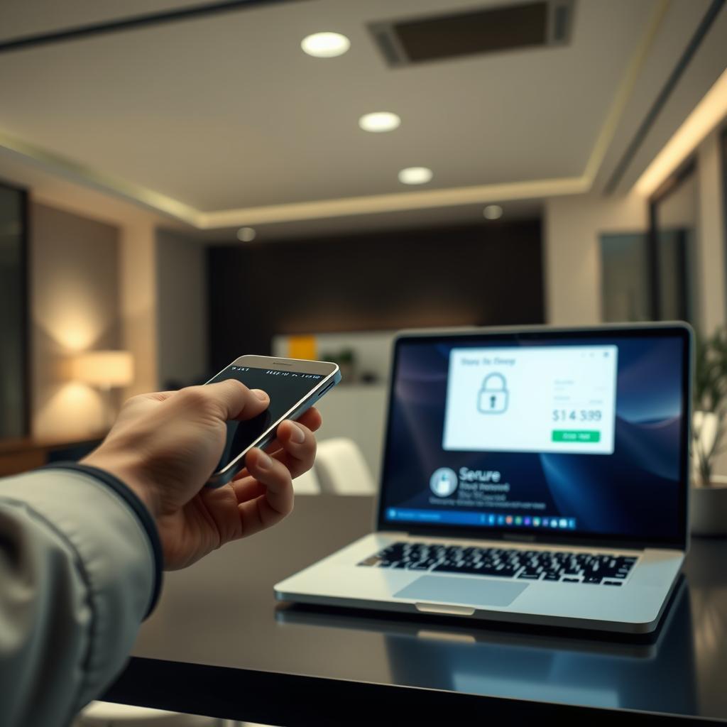 A secure online purchase process, depicted in a sleek, modern setting. In the foreground, a hand holding a digital payment device, highlighting the transaction. In the middle ground, a laptop screen displaying a secure payment gateway, conveying trust and reliability. The background features a minimalist office environment with clean lines and muted colors, creating a professional atmosphere. Soft, even lighting illuminates the scene, emphasizing the seamless integration of technology and finance. The overall composition suggests a sense of control, efficiency, and the peace of mind associated with a safe, hassle-free purchasing experience. A secure online purchase process, depicted in a sleek, modern setting. In the foreground, a hand holding a digital payment device, highlighting the transaction. In the middle ground, a laptop screen displaying a secure payment gateway, conveying trust and reliability. The background features a minimalist office environment with clean lines and muted colors, creating a professional atmosphere. Soft, even lighting illuminates the scene, emphasizing the seamless integration of technology and finance. The overall composition suggests a sense of control, efficiency, and the peace of mind associated with a safe, hassle-free purchasing experience.