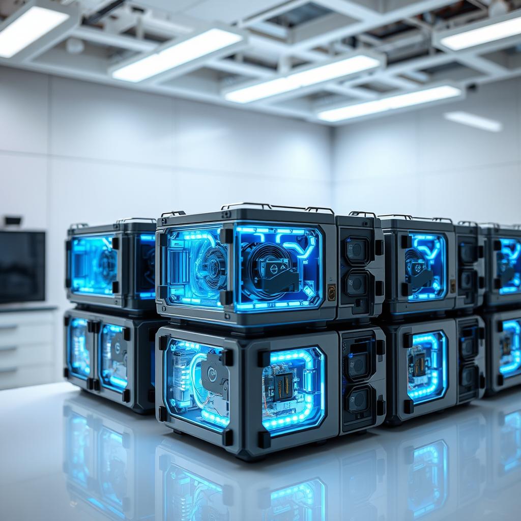 A sophisticated array of high-capacity lithium-ion battery cells, meticulously engineered to power the next generation of electric vehicles. Sleek, modular battery packs are neatly stacked, their intricate circuitry and cooling systems visible through a translucent housing. Vivid blue LEDs cast a cool, futuristic glow, illuminating the advanced technology at the heart of this automotive revolution. In the background, a clean, minimalist laboratory setting, with gleaming white surfaces and precise, engineered details that convey a sense of cutting-edge innovation. Dramatic lighting from multiple angles highlights the battery's elegant design and robust, state-of-the-art construction.
