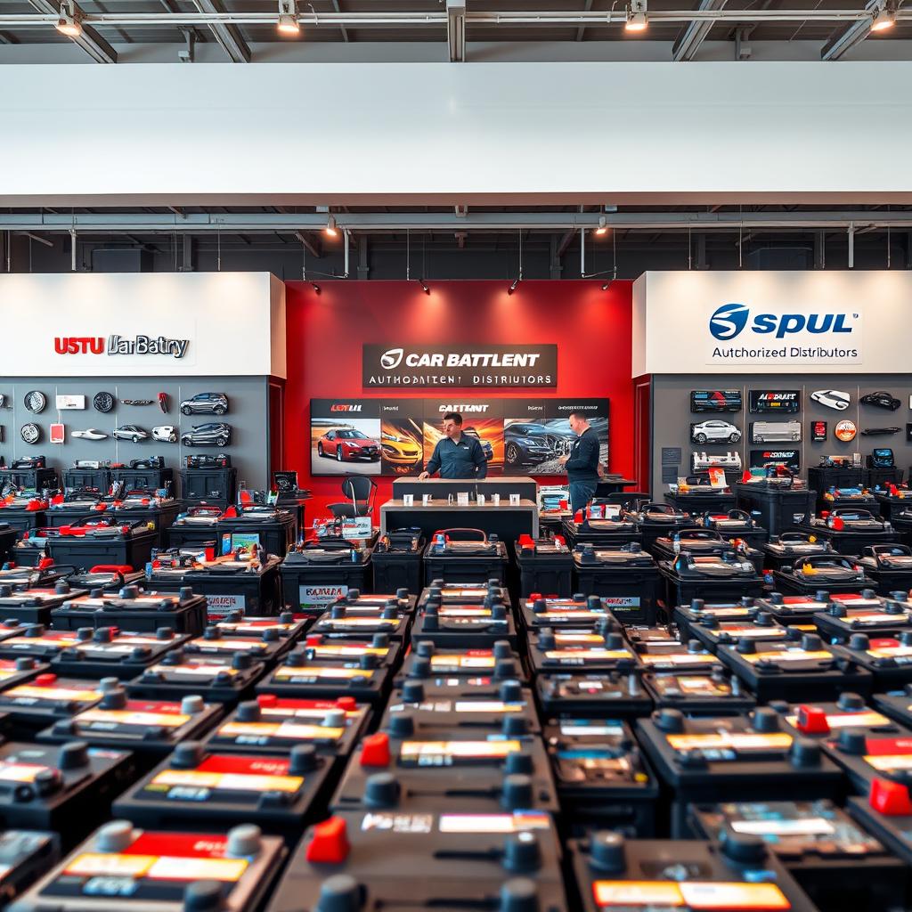 A sprawling display of car battery brands and authorized distributors, set against a vibrant backdrop. In the foreground, an assortment of battery packs in various sizes and designs, showcasing the diverse options available. The middle ground features sleek showroom displays, with knowledgeable sales staff guiding customers through the selection process. In the background, a modern, well-lit interior with clean lines and subtle branding, conveying a sense of professionalism and reliability. Warm, natural lighting illuminates the scene, creating a welcoming and informative atmosphere for customers seeking the perfect battery replacement.