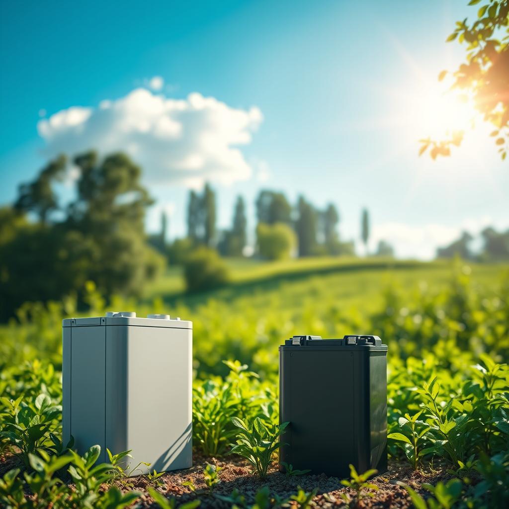 A tranquil, sun-dappled scene depicting energy-efficient batteries against a backdrop of lush, sustainable greenery. In the foreground, sleek, modern batteries radiate an aura of clean, renewable power, their advanced technology evident in their streamlined design. The middle ground features a verdant landscape, with towering trees and flourishing plants symbolizing the environmental harmony achieved through sustainable energy solutions. Soft, diffused lighting casts a warm, inviting glow, creating an atmosphere of harmony and progress. The overall composition conveys a sense of balance between cutting-edge technology and the natural world, highlighting the possibilities of eco-friendly energy storage.