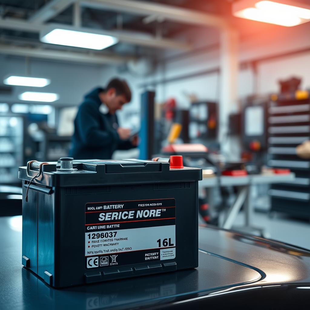 A vehicle battery warranty displayed in a professional, technical setting. In the foreground, a close-up of a car battery with its specifications and warranty details clearly visible, illuminated by a soft, directional light. In the middle ground, a mechanic's workbench with various tools and diagnostic equipment, conveying a sense of expertise and quality service. The background features a clean, well-organized automotive repair shop, with a sleek, modern aesthetic and an atmosphere of trustworthiness and reliability. The overall composition should evoke a sense of confidence in the battery's performance and the provider's commitment to customer satisfaction.
