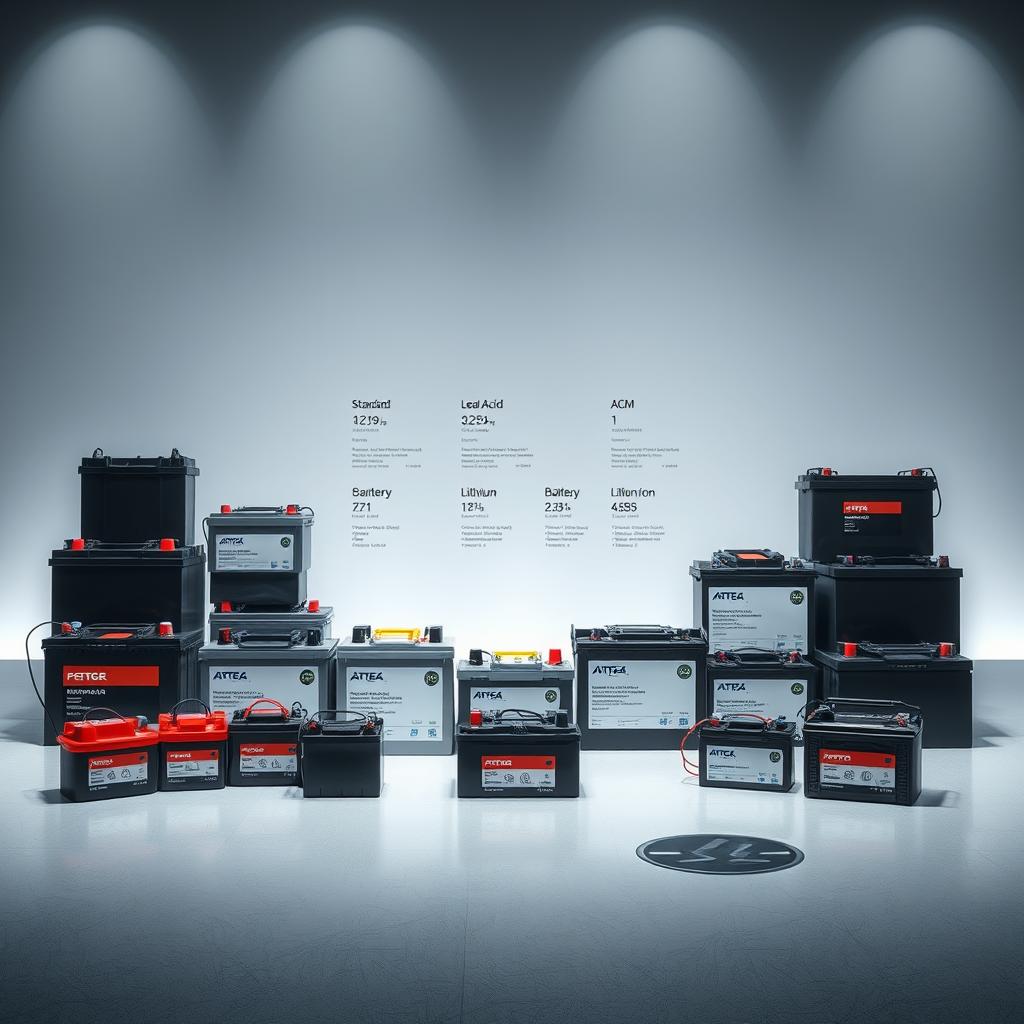 A visually striking display of various automotive batteries, showcased in a well-lit, contemporary setting. The foreground features an assortment of battery types, including standard lead-acid, AGM, and lithium-ion, each with their distinctive shapes and sizes. The middle ground highlights the technical details and specifications of each battery, conveying their unique capabilities and applications. The background sets the scene with a sleek, minimalist backdrop, emphasizing the importance and versatility of these essential automotive components. The overall mood is one of technical precision and visual clarity, inviting the viewer to explore the diverse range of battery options available for their vehicle.