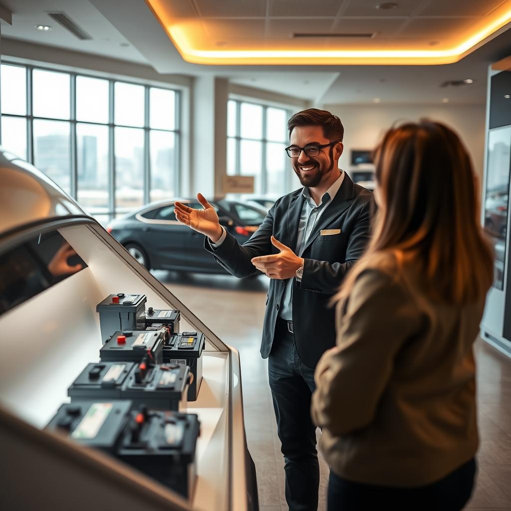A warm, inviting interior scene showcasing personalized battery consultation. In the foreground, a friendly salesperson gestures towards a well-lit display of various car batteries, explaining their features and benefits to an attentive customer. The middle ground features a clean, modern showroom space with neutral tones and subtle branding elements. The background depicts large windows offering a glimpse of the city skyline, creating a sense of urban professionalism. Soft, directional lighting illuminates the scene, enhancing the approachable atmosphere. The overall composition conveys a personalized, knowledgeable, and trustworthy battery purchasing experience.