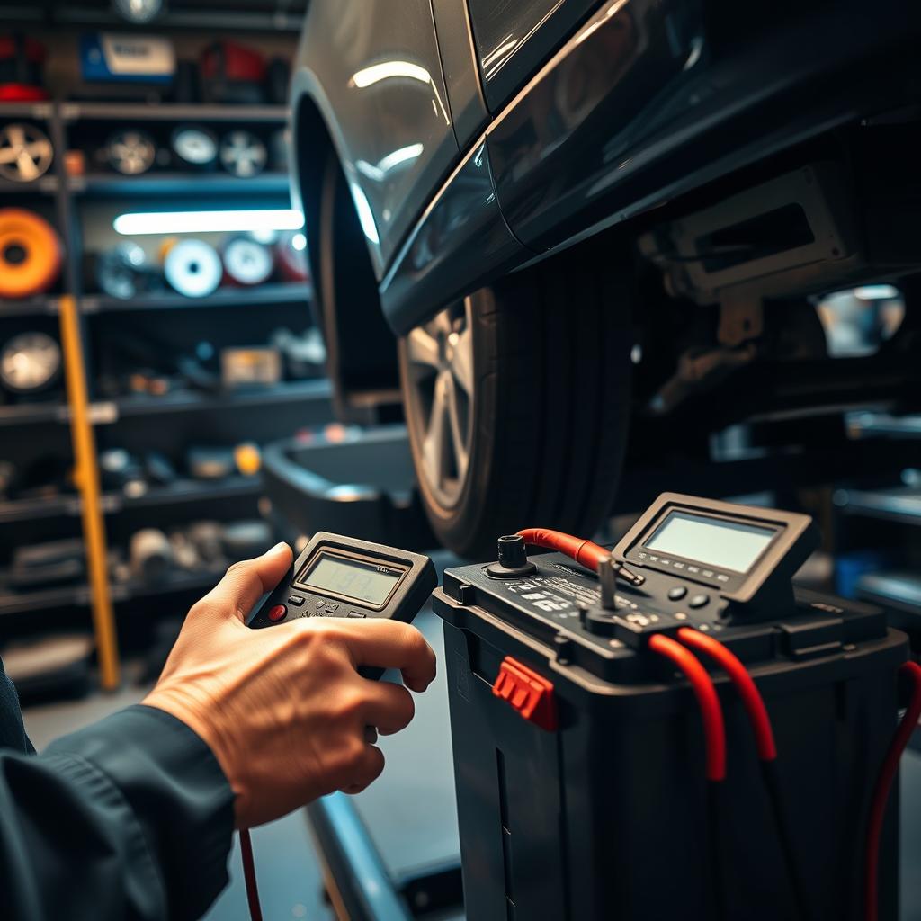 A well-lit automotive repair shop, with a technician closely examining the battery of a car on a lift, using a digital multimeter to diagnose its condition. The battery is the focal point, with the technician's hands and tools in the foreground, providing a sense of action and attention to detail. The background features shelves of car parts and tools, creating a professional, technical atmosphere. The lighting is warm and directional, casting shadows that highlight the textures and surfaces of the components. The camera angle is slightly elevated, providing a comprehensive view of the diagnostic process.