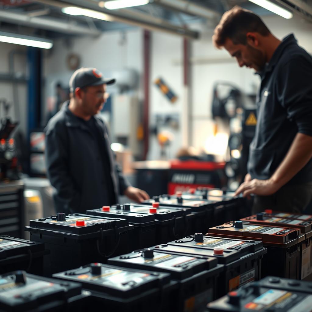 A well-lit automotive workshop interior, with a mid-shot focus on a customer examining several car batteries displayed on a workbench. The batteries are arranged in an organized manner, with labels and indicators visible, suggesting a process of selection and evaluation. The lighting is bright and directional, casting shadows that highlight the textures and details of the batteries. The background is slightly blurred, emphasizing the subject matter, with hints of tools and equipment visible, conveying a sense of a professional setting. The overall mood is one of diligence and expertise, reflecting the "Proceso de compra y selección ideal" theme.