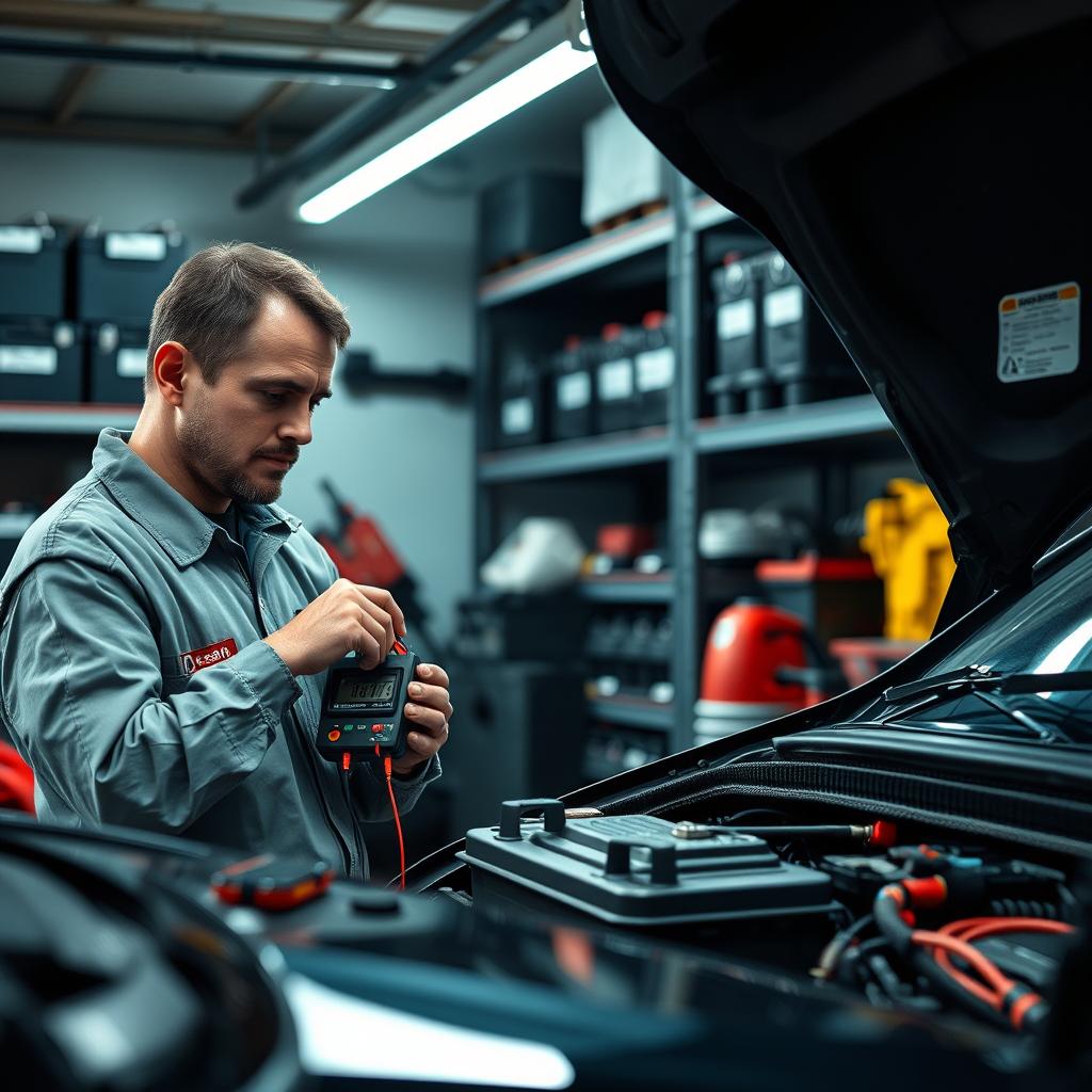 A well-lit automotive workshop with a focus on a mechanic inspecting and maintaining a car battery. The mechanic, dressed in a clean uniform, is using a voltmeter to check the battery's charge level, surrounded by various tools and equipment. The background features shelves stocked with replacement batteries and other automotive parts, creating a sense of a professional, organized workspace. The overall scene conveys a sense of care, attention to detail, and expertise in vehicle battery maintenance.