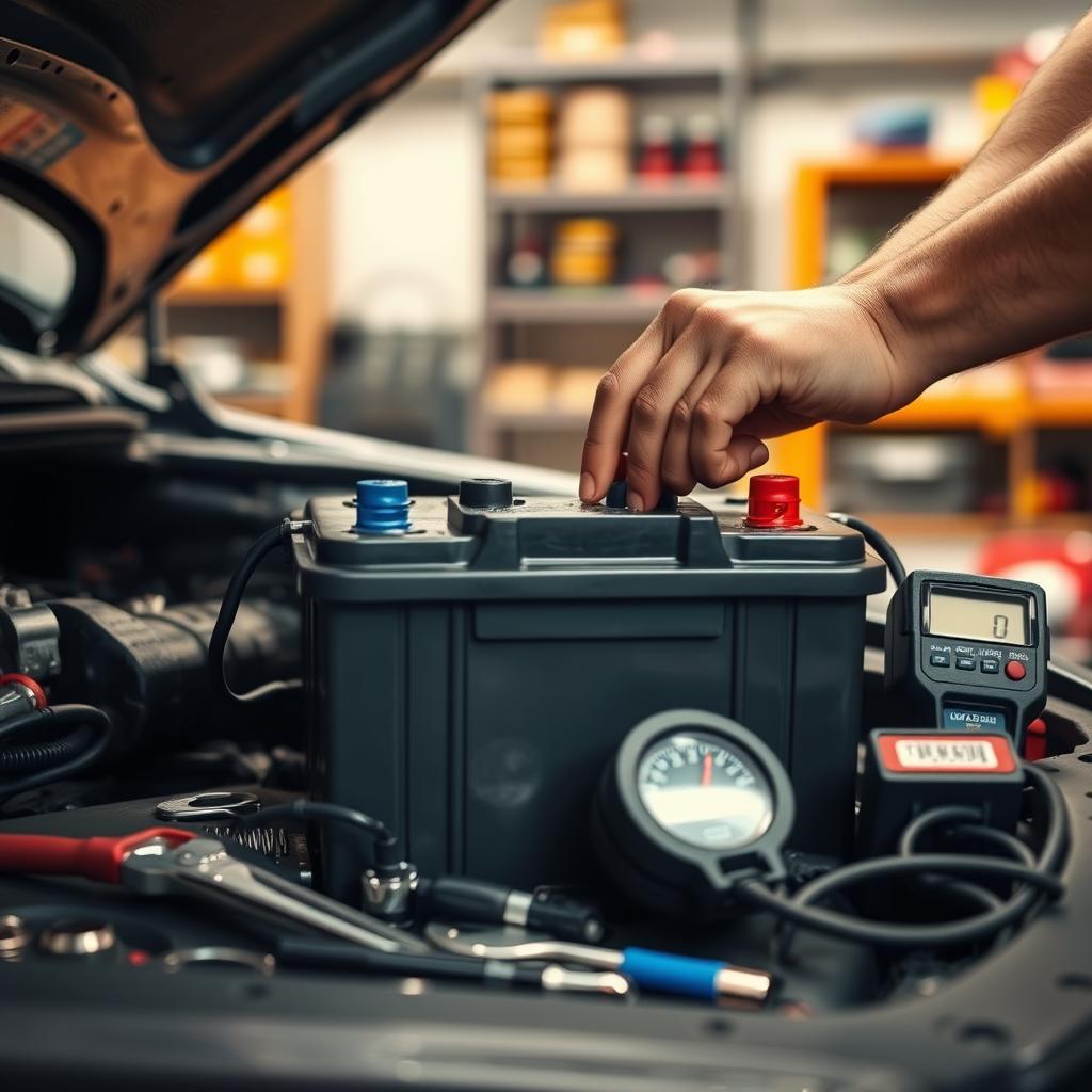 A well-lit, close-up photograph of a car battery being serviced after installation. The mechanic's hands are carefully inspecting the terminals, ensuring proper connections. The battery is surrounded by tools like wrenches, pliers, and a voltmeter, conveying a sense of professional maintenance. The background is clean and organized, with shelves of automotive supplies visible. The image has a warm, inviting tone, reflecting the importance of proper battery care for a vehicle's performance and longevity.