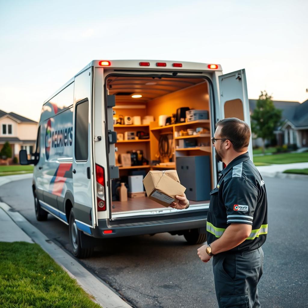 A well-lit delivery van parked on a residential street, its side displaying the company's logo. The van's rear doors are open, revealing neatly organized shelves stocked with a variety of electrical components and supplies. In the foreground, a technician in a company uniform is handing a package to a satisfied customer, their interaction conveying a sense of efficient, courteous service. The background features a pleasant suburban neighborhood, with well-manicured lawns and a clear, blue sky overhead, suggesting a fast, reliable, and convenient delivery experience.