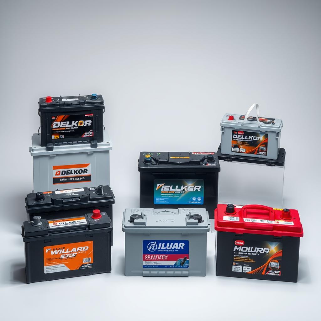 A well-lit, high-quality photographic still life featuring a prominent display of several recognized car battery brands, such as Delkor, Willard, and Moura, arranged in a visually compelling manner on a clean, neutral background. The batteries are shown from various angles, highlighting their distinct designs, labels, and technical specifications. The overall composition and lighting create a sense of professionalism and authority, conveying the expertise and reliability of the featured battery models.
