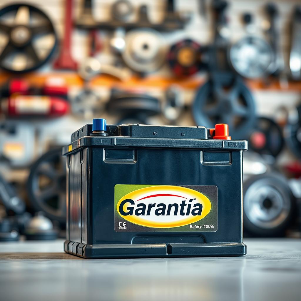 A well-lit, high-resolution close-up photograph of an automobile battery with a prominent "Garantía" label, showcasing its durability and reliability. The battery is set against a blurred background featuring various auto parts, conveying a sense of an auto parts store or service center. The image should exude a professional, trustworthy, and customer-centric atmosphere, emphasizing the importance of post-purchase support and warranty for the battery.