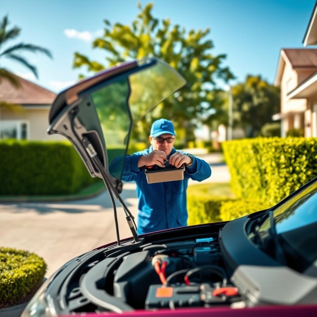A well-lit, high-resolution image of a technician in a blue uniform installing a car battery in the customer's driveway. The foreground shows the technician carefully connecting the battery terminals, while the middle ground features the open hood of the customer's vehicle. The background depicts a neatly maintained suburban neighborhood with lush greenery and a clear, blue sky. The scene conveys a sense of professionalism, efficiency, and customer-centric service, reflecting the "Servicio de entrega e instalación a domicilio en Colombia" section of the article.