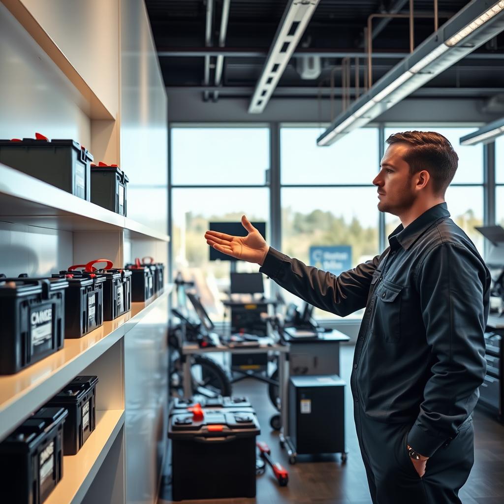 A well-lit showroom interior with a row of car batteries prominently displayed on clean, modern shelves. In the foreground, a mechanic in a crisp uniform gestures towards one of the batteries, engaging a customer in conversation. The middle ground features a diagnostic station with various tools and equipment, conveying a sense of professional service. In the background, large windows allow natural light to flood the space, creating a bright and inviting atmosphere. The overall composition suggests a focus on customer care, quality products, and comprehensive automotive services.
