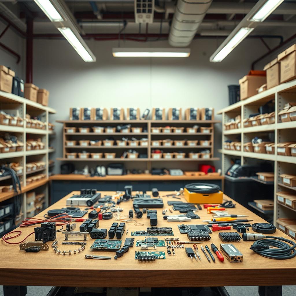 A well-lit workshop interior with a central workbench displaying various electrical components and tools. On the workbench, there are replacement parts such as circuit boards, switches, and connectors. The background features shelves stocked with labeled bins containing additional electrical components. The lighting is bright and evenly distributed, creating a clean, professional atmosphere suitable for technical work. The camera angle is slightly elevated, providing a clear view of the workbench and its contents. The overall mood is one of efficiency and attention to detail, reflecting the care and precision required for electrical component replacement.