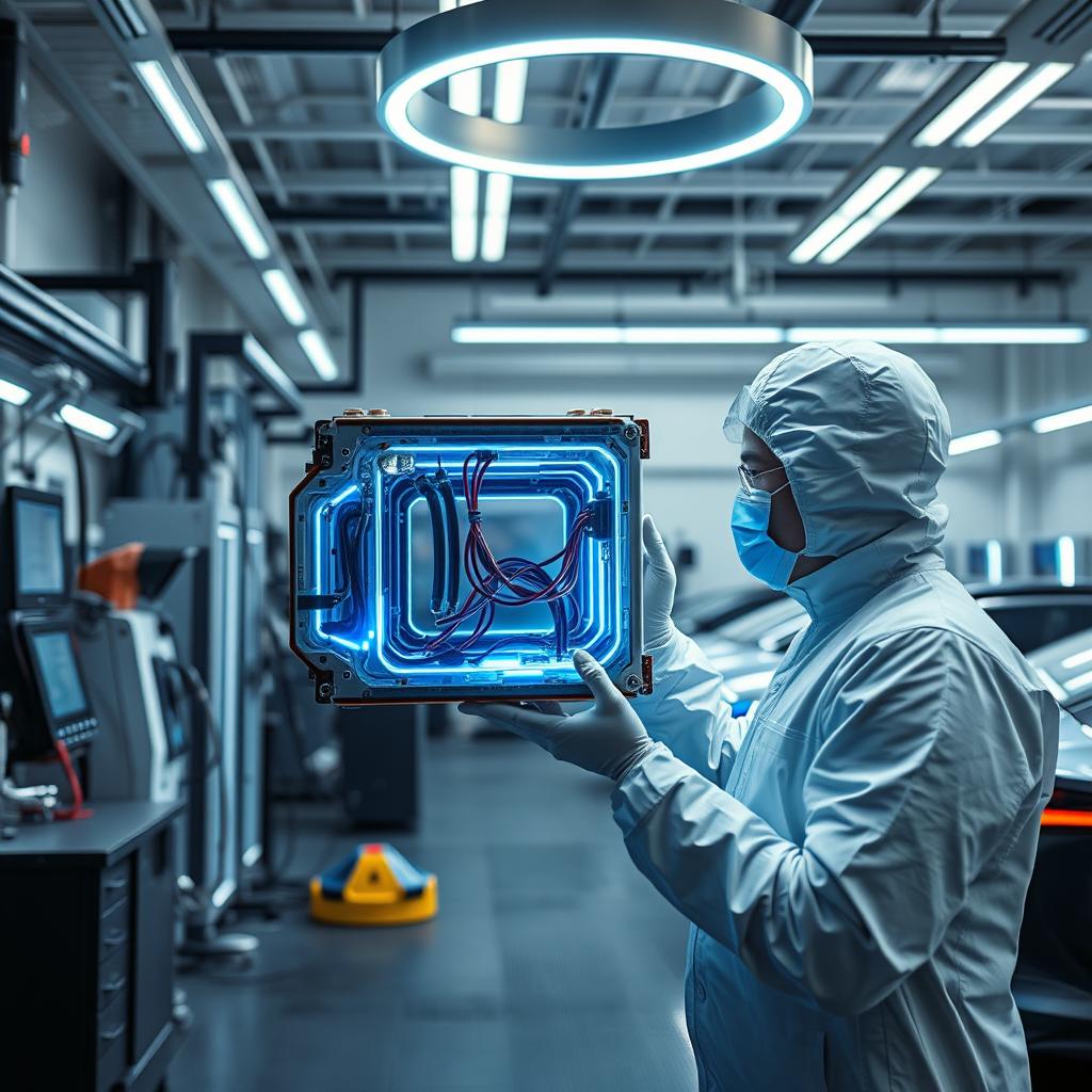 An advanced lithium-ion battery pack levitates in a high-tech automotive workshop, surrounded by cutting-edge diagnostic equipment and precision engineering tools. The battery glows with an internal blue luminescence, hinting at its sophisticated electrochemical properties. In the foreground, a mechanic in a clean-room suit examines the battery's internals under the bright illumination of an overhead ring light, carefully assessing its state of charge and overall health. In the background, sleek electric vehicles charge silently, their futuristic designs complementing the advanced battery technology on display.