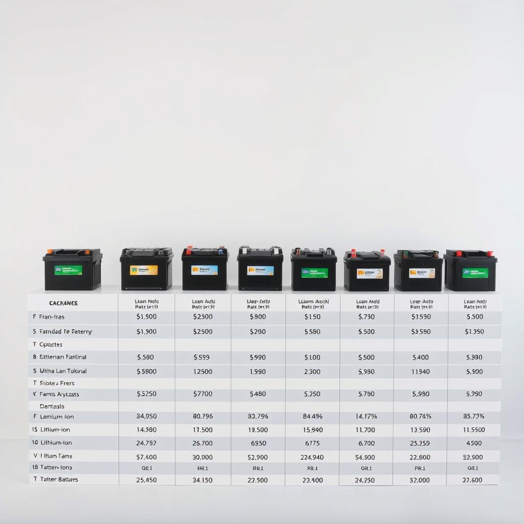 An expansive table displaying a detailed comparison of current market prices for a variety of high-quality car batteries, presented in a clean and organized layout. The foreground features the battery models side-by-side, with clear pricing information and relevant technical specifications. The middle ground showcases the diverse range of battery types, from standard lead-acid to advanced lithium-ion options. The background depicts a subtle, minimalist setting, allowing the pricing data to take center stage. Bright, even lighting illuminates the scene, creating a professional and informative atmosphere. The overall composition conveys a sense of clarity and analytical precision, suitable for inclusion in a comprehensive article on the best car batteries available in the Huila region. An expansive table displaying a detailed comparison of current market prices for a variety of high-quality car batteries, presented in a clean and organized layout. The foreground features the battery models side-by-side, with clear pricing information and relevant technical specifications. The middle ground showcases the diverse range of battery types, from standard lead-acid to advanced lithium-ion options. The background depicts a subtle, minimalist setting, allowing the pricing data to take center stage. Bright, even lighting illuminates the scene, creating a professional and informative atmosphere. The overall composition conveys a sense of clarity and analytical precision, suitable for inclusion in a comprehensive article on the best car batteries available in the Huila region.