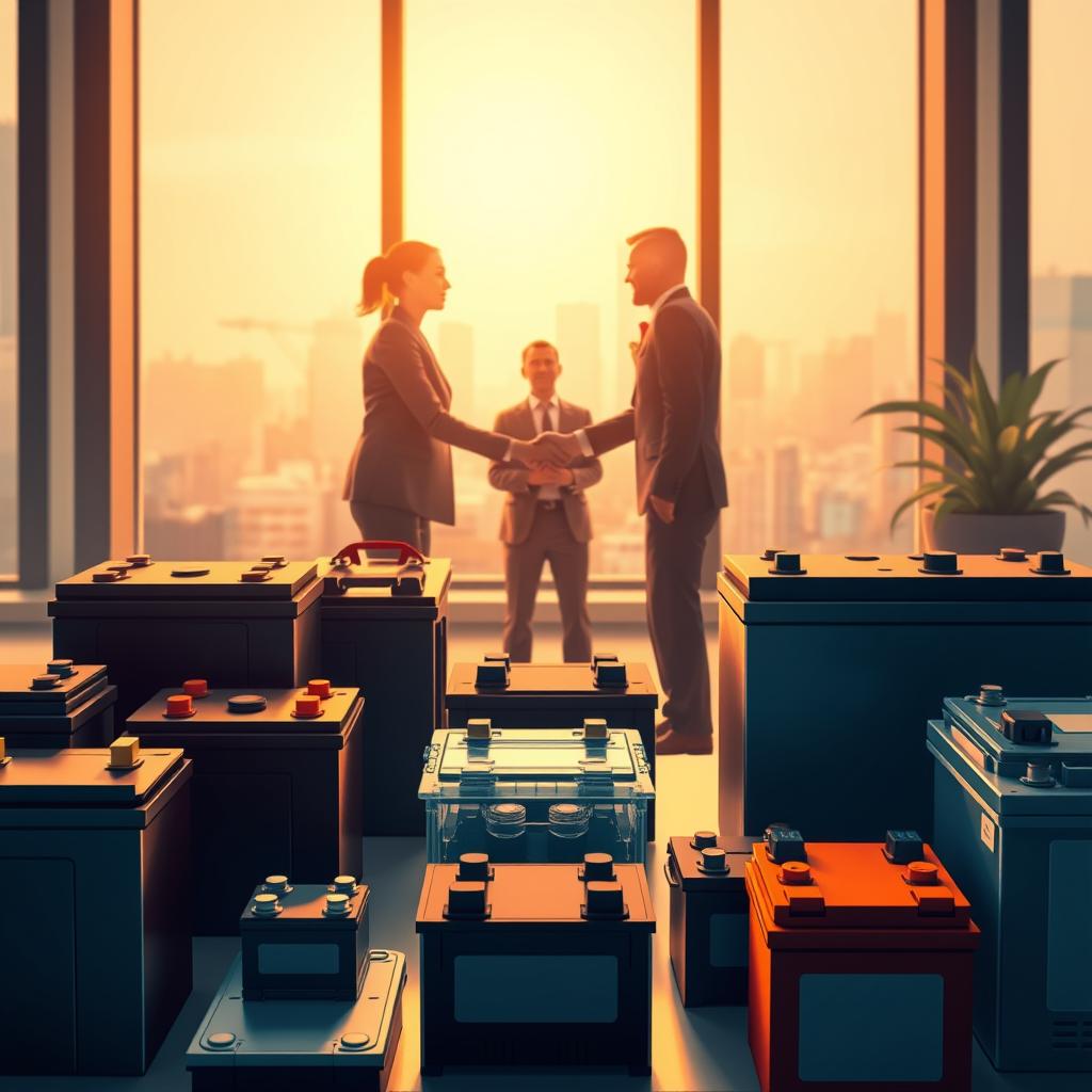 Detailed illustration of strategic alliances and battery distributors. A modern, clean composition showcasing a range of battery models in the foreground, arranged in a visually appealing display. The middle ground features business people shaking hands, symbolizing collaborative partnerships. The background depicts a contemporary office setting with a large window overlooking a cityscape, conveying a sense of professionalism and industry authority. Warm, directional lighting casts subtle shadows, creating depth and dimensionality. The overall mood is one of technical expertise, commercial success, and mutually beneficial relationships. Detailed illustration of strategic alliances and battery distributors. A modern, clean composition showcasing a range of battery models in the foreground, arranged in a visually appealing display. The middle ground features business people shaking hands, symbolizing collaborative partnerships. The background depicts a contemporary office setting with a large window overlooking a cityscape, conveying a sense of professionalism and industry authority. Warm, directional lighting casts subtle shadows, creating depth and dimensionality. The overall mood is one of technical expertise, commercial success, and mutually beneficial relationships.