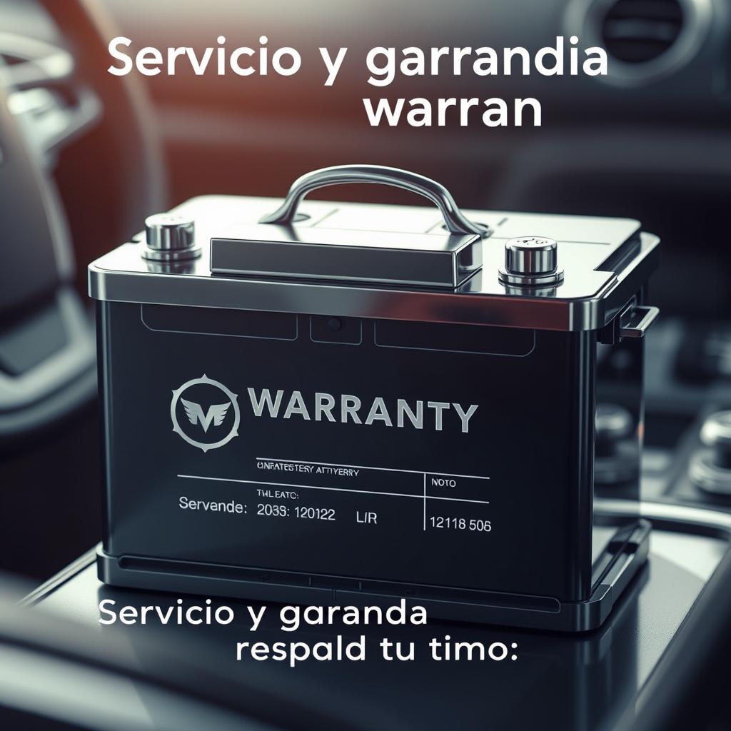 Detailed technical illustration of an automotive battery warranty, featuring a sleek, chrome-accented battery with embossed manufacturer's logo and warranty details prominently displayed. The battery is showcased against a softly blurred backdrop of a car interior, with subtle highlights and shadows emphasizing the warranty information. The overall aesthetic is clean, modern, and conveys a sense of quality, durability, and assurance - reflecting the "Servicio y garantía que respalda tu tiempo" section of the article.