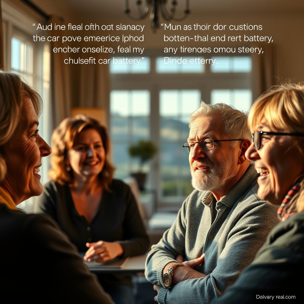 Realistic testimonials from car battery users in a warm, inviting setting. In the foreground, close-up portraits of customers passionately sharing their experiences, faces lit by natural light. In the middle ground, a well-appointed home interior with tasteful decor, suggesting a comfortable, relatable environment. In the background, hints of a scenic view through a large window, creating a sense of depth and tranquility. The overall mood is one of authenticity, trust, and personal connection, reflecting the real-world insights of Bolivar car battery owners.