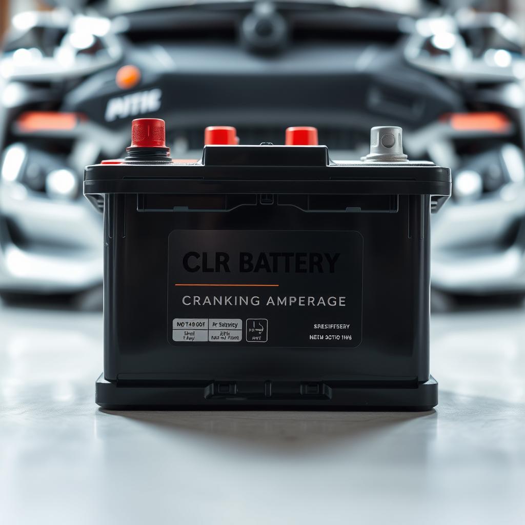 A close-up view of a car battery with a detailed label clearly displaying the "cold cranking amperage" specification, set against a clean, well-lit automotive background. The battery terminals and connectors are visible, showcasing the technical elements that contribute to a battery's starting capacity. The lighting is soft and diffused, creating a sense of depth and dimensionality, while the camera angle highlights the battery's form and design. The overall mood is informative and technical, conveying the importance of this key factor when selecting the right battery for a vehicle.