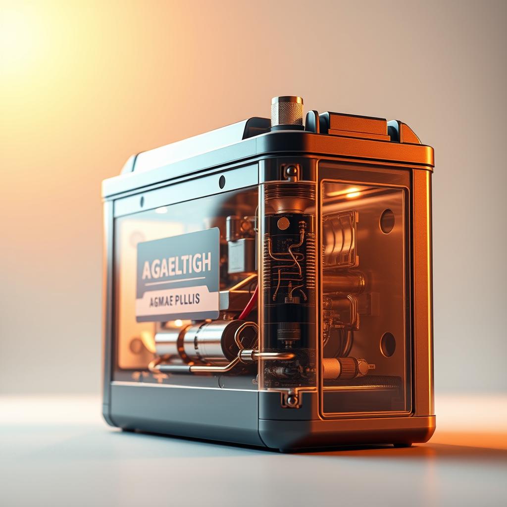 A close-up view of an advanced AGM PLUS battery, its sleek design and metallic exterior gleaming under warm studio lighting. The battery's intricate internal components are visible through a transparent casing, showcasing the cutting-edge technology within. The image exudes a sense of power, efficiency, and innovation, reflecting the battery's superior performance and durability. The background is a neutral, minimalist setting, allowing the battery to take center stage and highlight its advanced features.