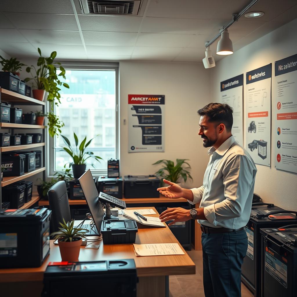 A cozy, well-lit office interior with a desk, shelves, and a friendly sales consultant in a collared shirt assisting a customer examining a selection of car batteries. The space is adorned with natural lighting, potted plants, and informative posters highlighting battery specifications and performance data. The atmosphere conveys professionalism, expertise, and a commitment to providing personalized guidance on finding the optimal battery solution for the customer's vehicle in Santa Marta.