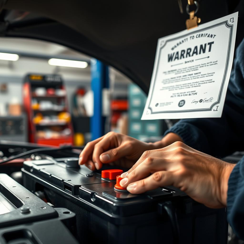 A detailed step-by-step process of installing a car battery with a focus on the warranty service. A mechanic's hands carefully connecting the battery terminals, accompanied by a warranty certificate prominently displayed. The scene is well-lit, showcasing the intricate steps involved. The background features a clean, organized auto repair shop, conveying professionalism and attention to detail. The overall mood is one of trust, reliability, and a commitment to customer satisfaction.