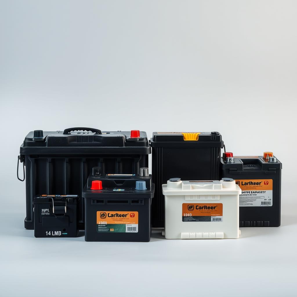 A detailed still life composition showcasing various types of car batteries against a neutral background. The batteries should be arranged in a visually appealing manner, with a focus on highlighting their technical features and construction. The lighting should be soft and even, accentuating the textures and colors of the batteries. Use a high-resolution camera lens to capture fine details, such as the terminals, casings, and labeling. The overall mood should be informative and educational, conveying a sense of technical expertise and authority on the subject of car battery types.