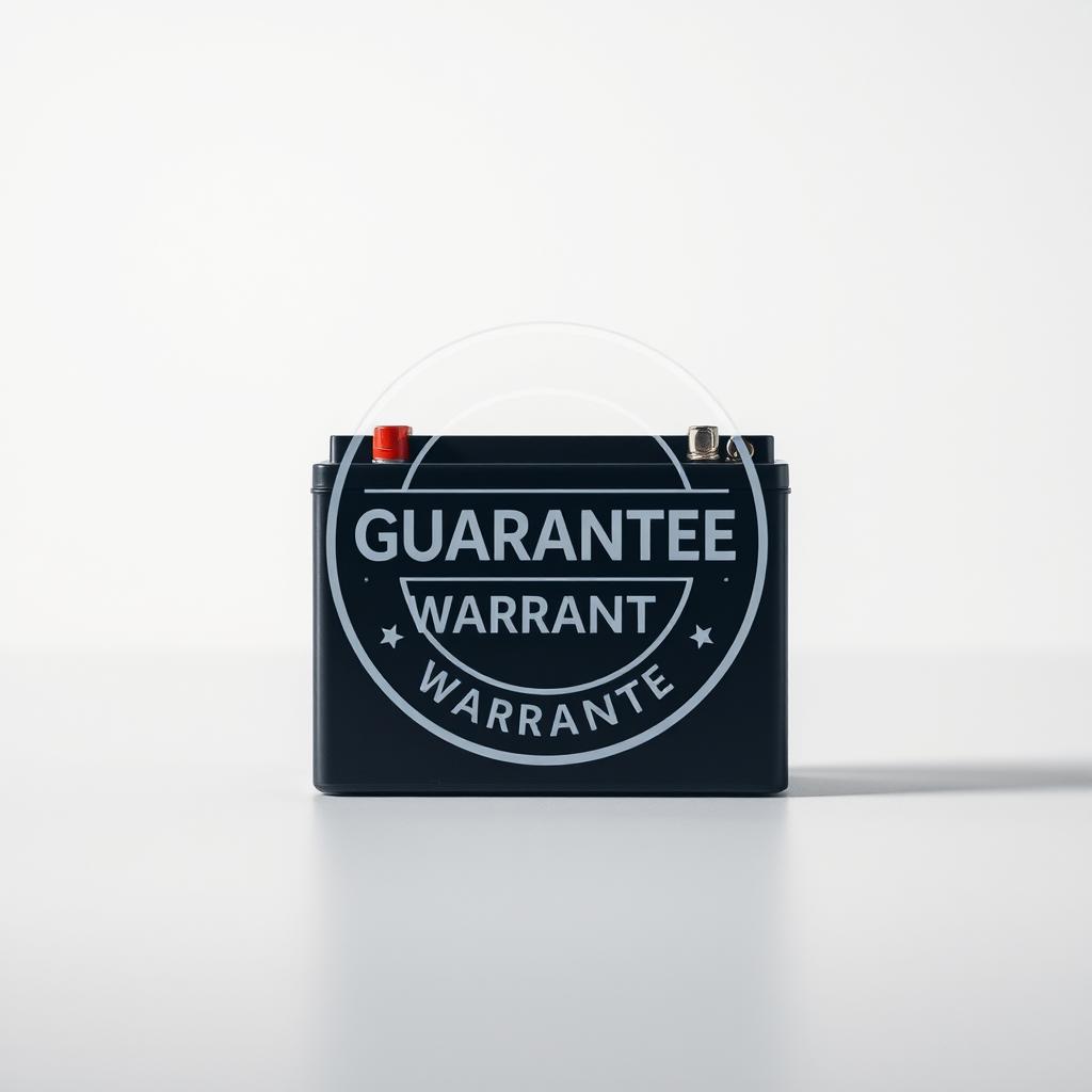 A high-quality image of a battery with a clear guarantee and warranty seal prominently displayed. The battery is set against a clean, minimalist background with soft lighting, creating a sense of confidence and trust. The composition places the guarantee at the center, emphasizing its importance. The image should convey a message of reliability, quality assurance, and customer satisfaction associated with the battery purchase.